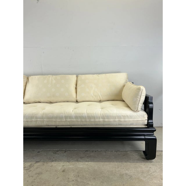 Mid-Century Modern Chinoiserie Ming Inspired Black Lacquer Sofa With Vintage Upholstery For Sale - Image 3 of 12