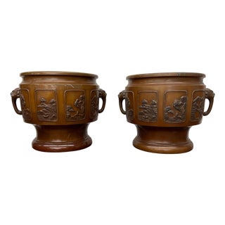 Bronze Japanese Hibachi Vessels with Side Lion Handles - A Pair For Sale