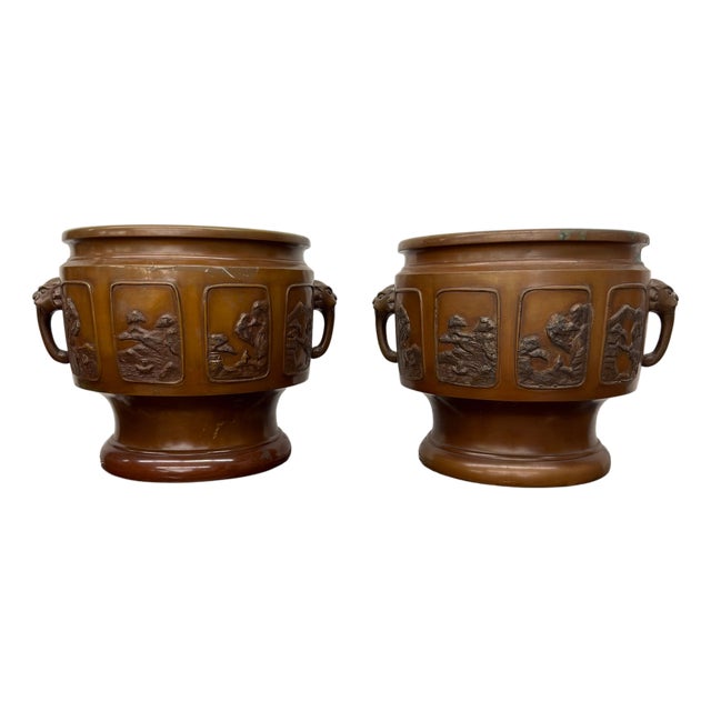Bronze Japanese Hibachi Vessels with Side Lion Handles - A Pair For Sale