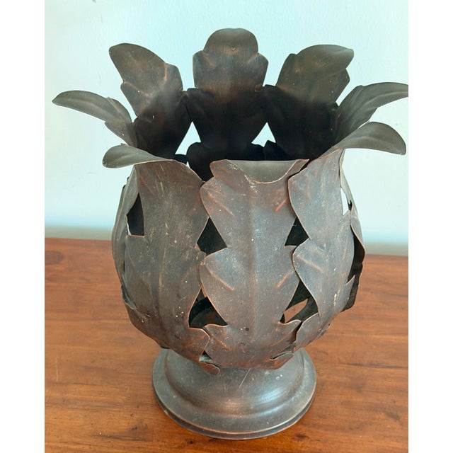 Vintage Hollywood Regency Style Metal Leaf Cachepot Planter/Pillar Candle Holder For Sale - Image 9 of 10