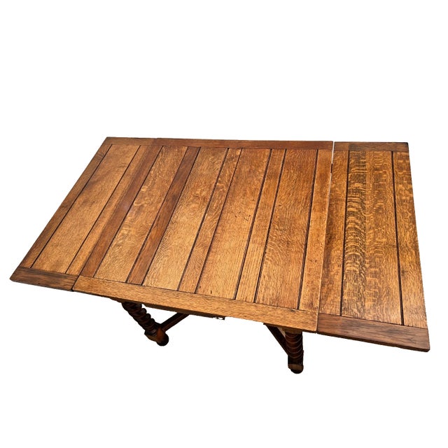 1900 - 1909 Antique Expanding Pub Kitchen Table Barley Twist Legs Quarter Sawn Tiger Oak For Sale - Image 5 of 14