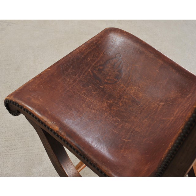 Set of Eight French Provincial Leather Oak Curule Dining Chairs For Sale - Image 14 of 18
