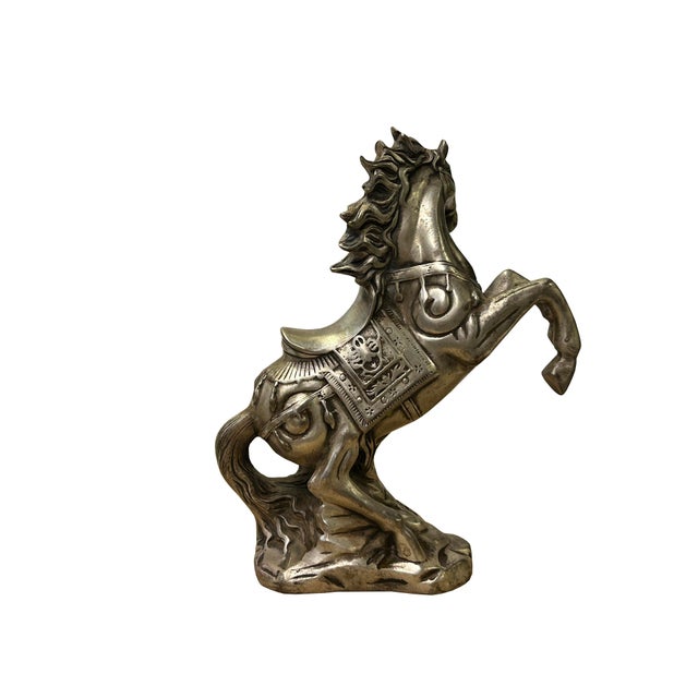 Chinese Chinese Silver Pewter Color Mid Rearing Horse Metal Figure For Sale - Image 3 of 12