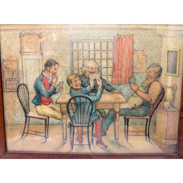 Figurative Antique 19th Century Original Men Playing Cards at Table Watercolor Painting For Sale - Image 3 of 13