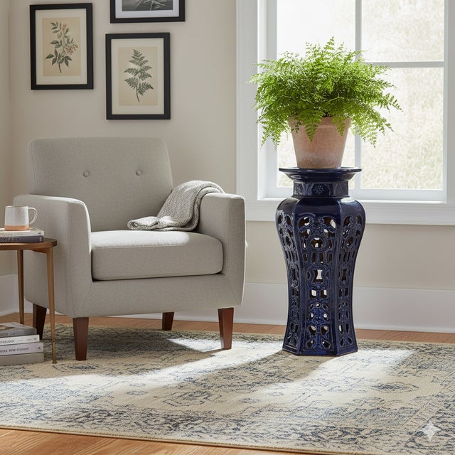 2000 - 2009 Ceramic Clay Navy Blue Round Tall Pedestal Stand For Sale - Image 5 of 5