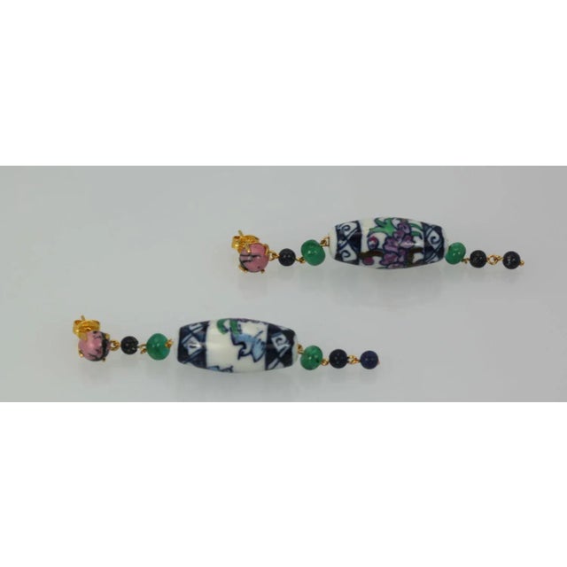 Dangle/drop Ceramic Emerald, Sapphire, Rhodolite Earrings - 2 Pieces For Sale In Los Angeles - Image 6 of 7
