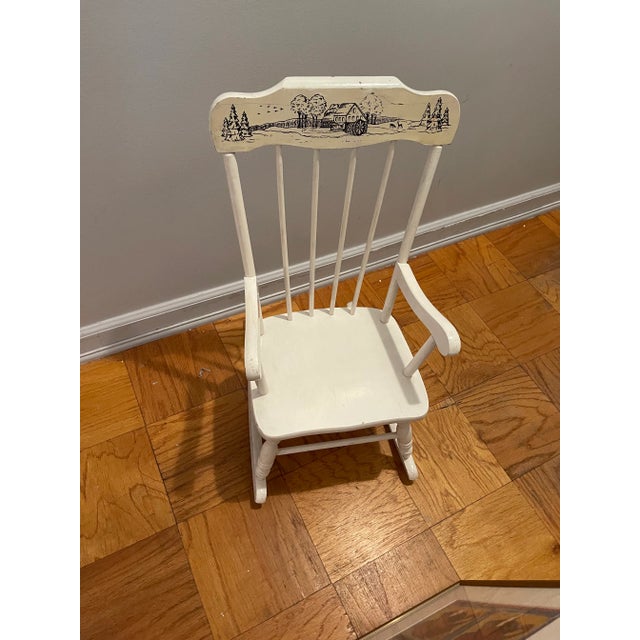 1970s Vintage White Wooden Children’s Nursery Rocking Chair With Black Etching and Music For Sale - Image 4 of 11
