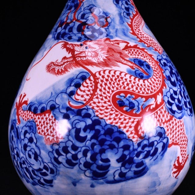 Chinese Blue & White Underglaze Red Dragon Pear-Shaped Vase - 14" Tall For Sale - Image 9 of 9