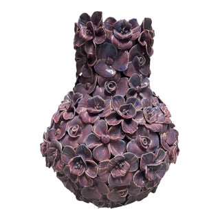 Vintage Italian Hand-Applied Floral Ceramic Vase For Sale