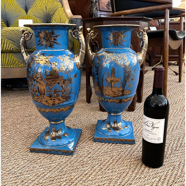 Pair of French Paris Porcelain Chinoiserie Gilt and Cerulean Blue Ground Vases For Sale - Image 14 of 15