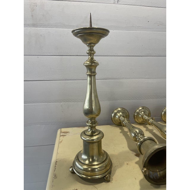 Antique Candlesticks in Brass, 1850, Set of 7 For Sale - Image 3 of 10