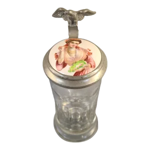 Late 19th Century Antique German Beer Stein Glass Pewter Eagle Hand Painted Porcelain Lady Portrait Medallion Lid