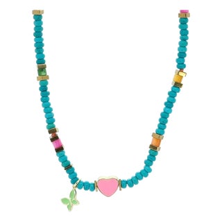 Lucky Heart & Butterfly Turquoise Charm Necklace For Sale