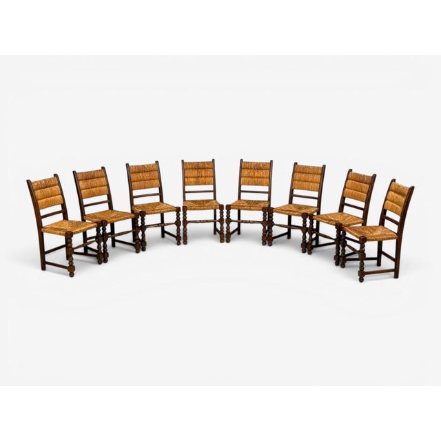 Charles Dudouyt Style, French Mid-Century Modern, Eight Rustic Dining Chairs, Oak, Rush, France, 1940s Set of eight...