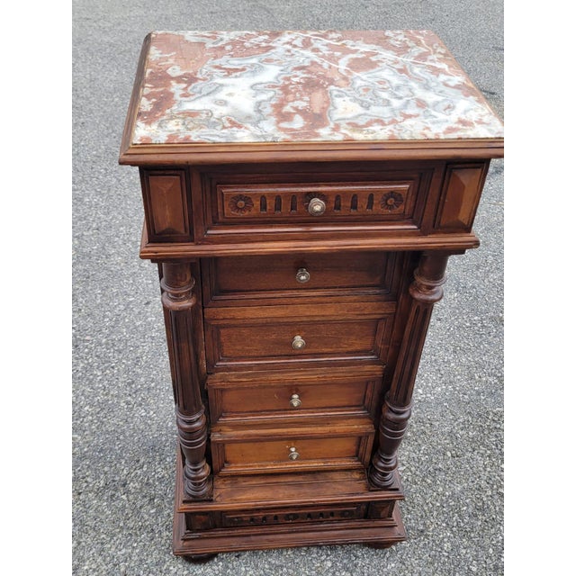 Wood 19th Century French Antique Walnut Marble Top Bedside Cabinet Nightstand For Sale - Image 7 of 18