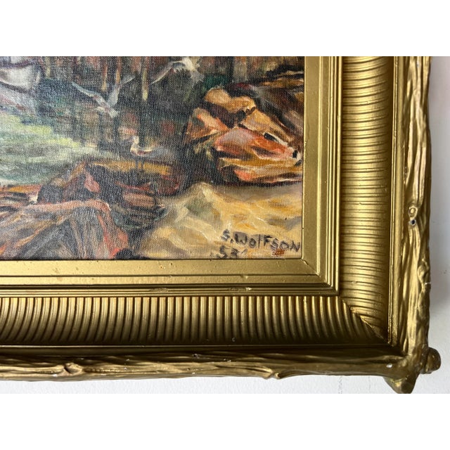 1950s 1950's S. Wolfson Fishing Dock Coastal Landscape Oil Painting For Sale - Image 5 of 12