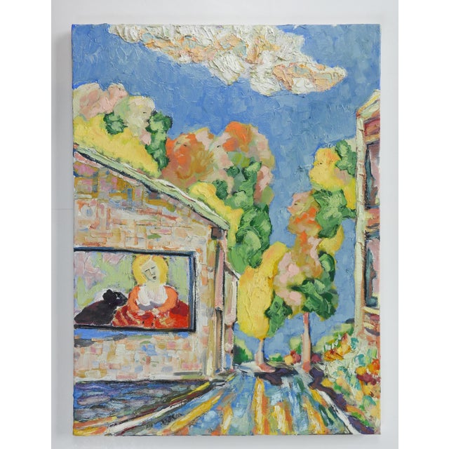 Textile Contemporary Surreal Portrait Blonde Woman and Dog Painting For Sale - Image 7 of 7