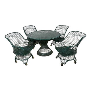 Vintage Mid Century Modern Spun Fiberglass Forest Green Outdoor Dining Table & 4 Armchairs on Casters For Sale