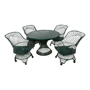 Vintage Mid Century Modern Spun Fiberglass Forest Green Outdoor Dining Table & 4 Armchairs on Casters