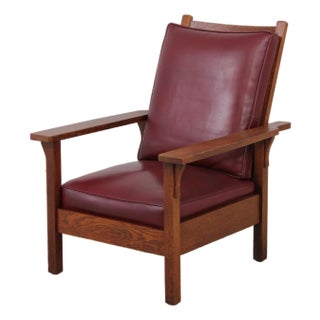 Gustav Stickley Antique Mission Oak Burgundy Leather Reclining Morris Chair For Sale