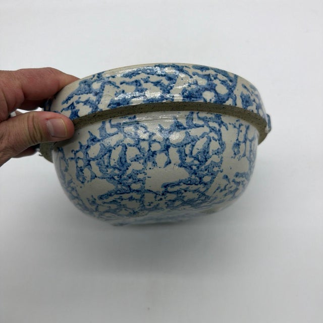 19th C. Antique Blue Spongeware Stoneware Bowl W/ Wire Bale Wooden Handle For Sale - Image 12 of 12