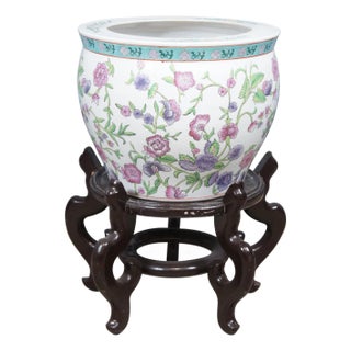 Mid 20th Century Chinese Famille Rose Koi Fish Bowl Pot Planter Jardiniere on Stand For Sale
