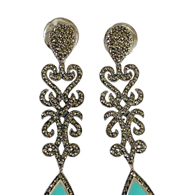 Vintage Sterling Silver and Marcasite Earrings With Turquoise Stone 2.75" Long For Sale - Image 4 of 6