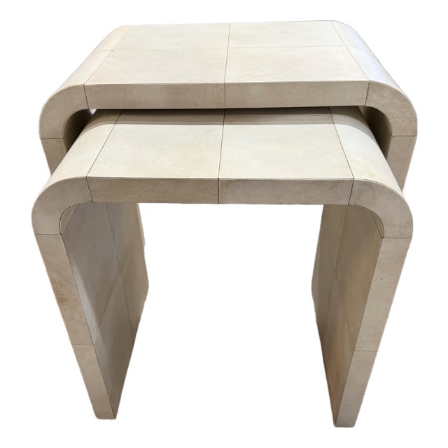 Pair of Restoration Hardware Parchment Leather Nesting Tables For Sale
