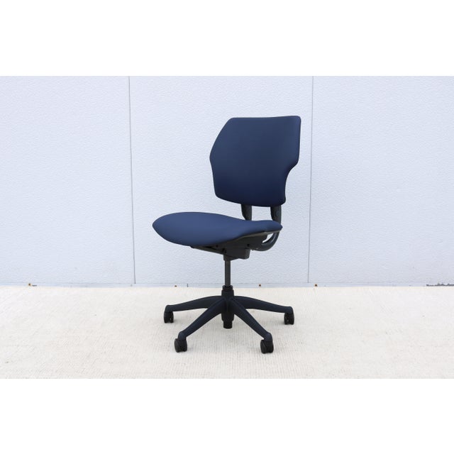Metal Humanscale Freedom Ergonomic Armless Task Desk Chair in Blue Color Slightly Used For Sale - Image 7 of 18