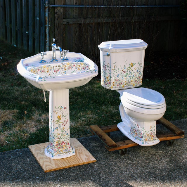 Early 21st Century Kohler Artist Edition English Trellis Porcelain Pedestal Sink & Toilet - Set of 2 For Sale - Image 13 of 13