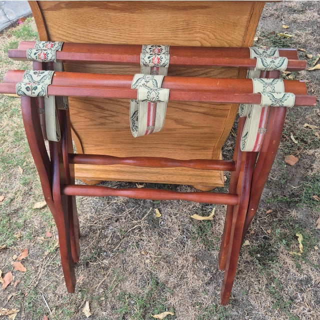 Mid-Century Modern Vintage Scheibe Wooden Folding Luggage Racks With Floral Tapestry Straps - Pair For Sale - Image 3 of 11