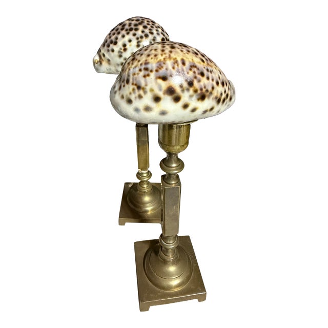 Celestial Meets the Sea Shell Topped Brass Candlesticks-Coastal Art Sculpture For Sale