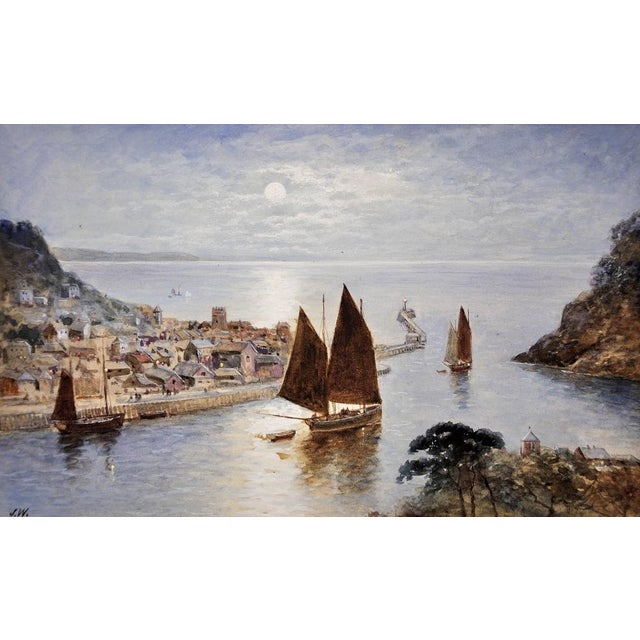 J. Wilson. english ( fl.1837 - 1870 ). looe town & harbour, cornwall. watercolour. monogramed lower left. image size 6.5...