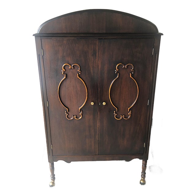 Antique Art Deco Mahogany Chifforobe — Cedar Lining, Carved Doors, Brass Casters, C. 1930s–1940s For Sale
