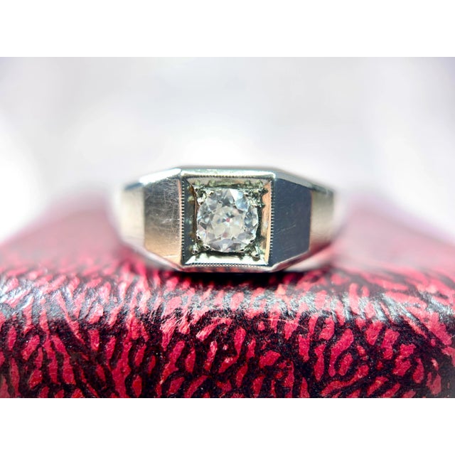 Metal Art Deco 14k White Gold Old European Cut Diamond Ring, Size 7.75 For Sale - Image 7 of 8