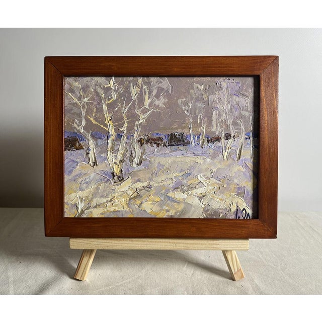 This oil painting cardboard, titled ""The end of winter is coming soon"", the composition is structured around a wintery...