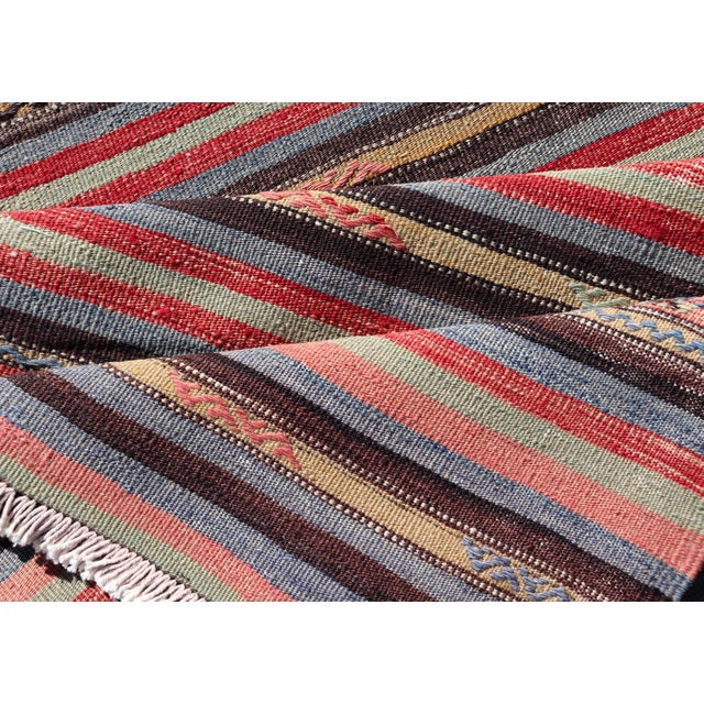 Vintage Turkish Kilim With Horizontal Stripes and Tribal Motifs in Bright Tones For Sale - Image 10 of 11