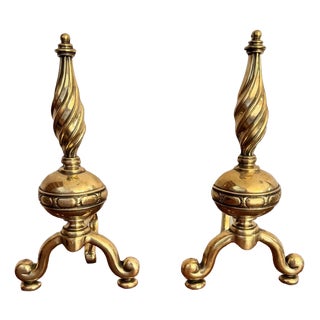 Antique Victorian Brass Fire Dogs, 1860, Set of 2 For Sale
