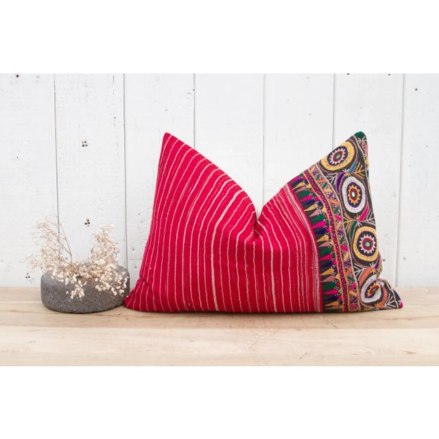 Red Indian Antique Mashru Tribal Pillow For Sale - Image 8 of 9