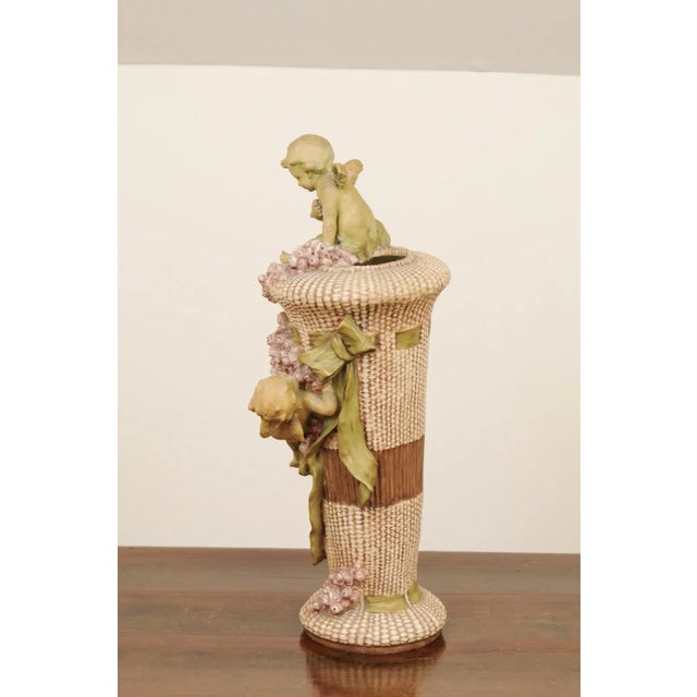 French 1860s French Napol"on III Painted Terracotta Vase with Cherubs and Roses For Sale - Image 3 of 13