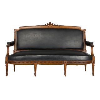 19th Century French Louis XVI Style Walnut Black Leather Sofa For Sale