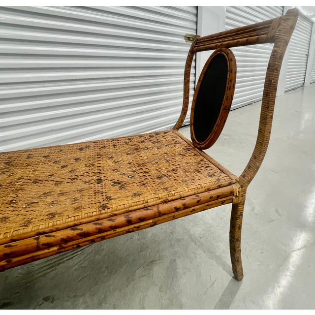 Mid-Century Bohemian Burnt Rattan Daybed Bench With Authentic Hand-Woven Cane Seat For Sale - Image 9 of 18