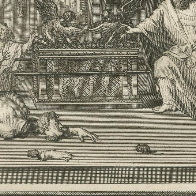 Pieter Mortier, Dagon Falls Before the Ark and the Ark Sent Back, 1700, Engraving For Sale - Image 6 of 12