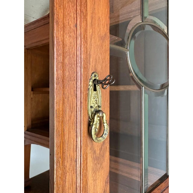 Victorian 1920 Early American Buffet Cabinet Cupboard Mid-Centry Oak Glass Doors. Latched Drawers & Original Key. For Sale - Image 3 of 12