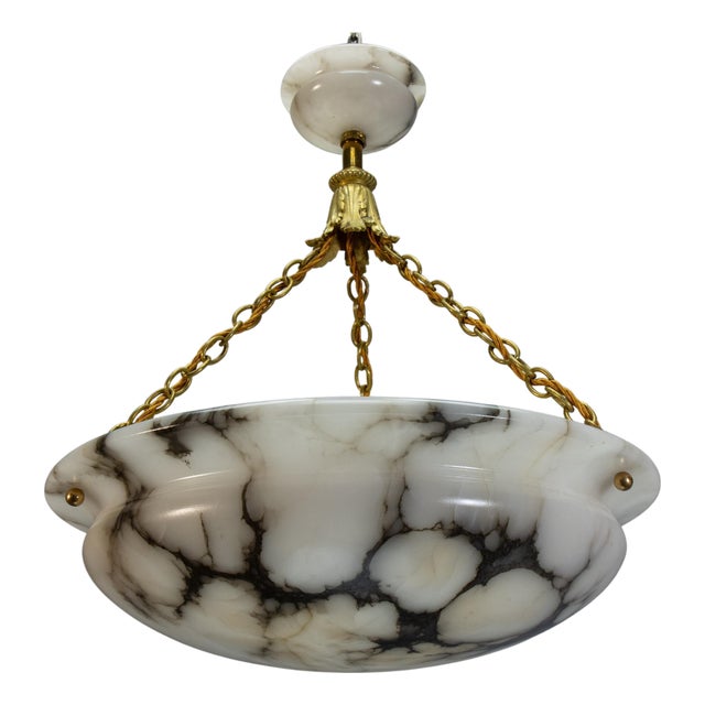 French Art Deco Black Veined Alabaster and Bronze Pendant Light, 1920s For Sale