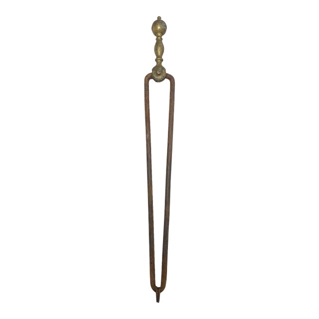 Antique 18th Century Wrought Iron Turned Brass English Fireplace Tongs Tool 11 For Sale