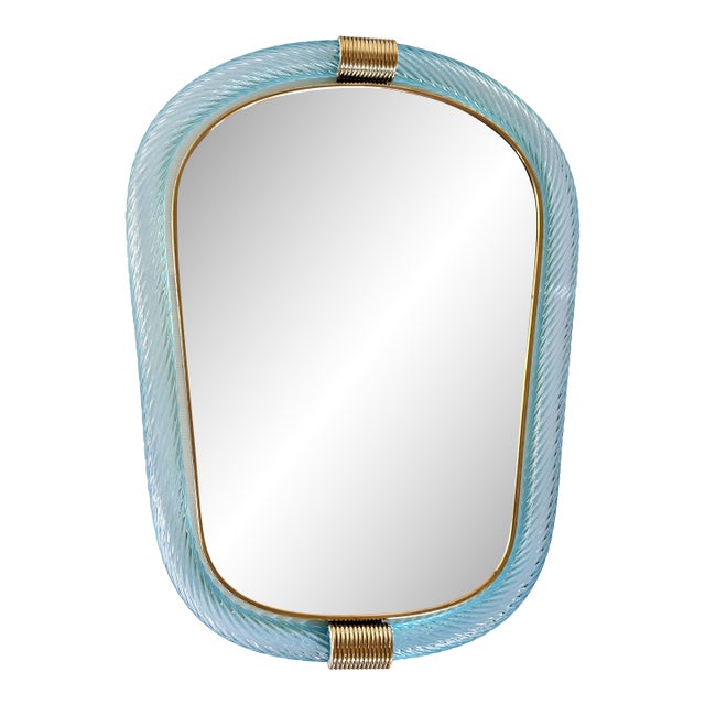 Venetian Azzure Murano Glass Wall Mirror With “Torciglione” Torchon in Barovier-Style For Sale