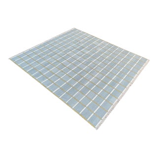 Handmade Cotton Natural Vegetable Dyed Gray, Cream & Olive Green Windowpane Rug - 9'x12' For Sale