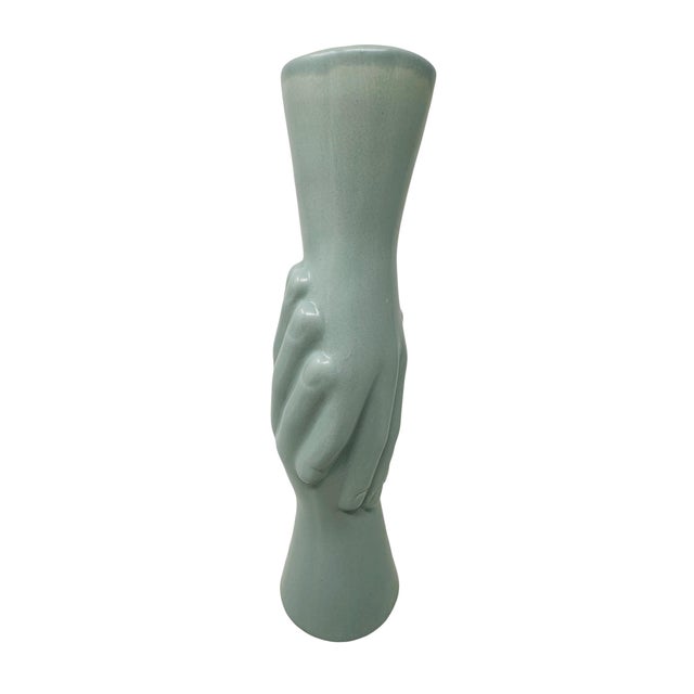 Postmodern 1980s Postmodern 12.25" Clasped Hands Ceramic Sculptural Column Vase in Sage Celadon For Sale - Image 3 of 9