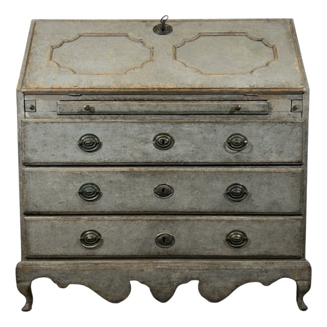 Antique Swedish Secretary in Brass and Pine For Sale